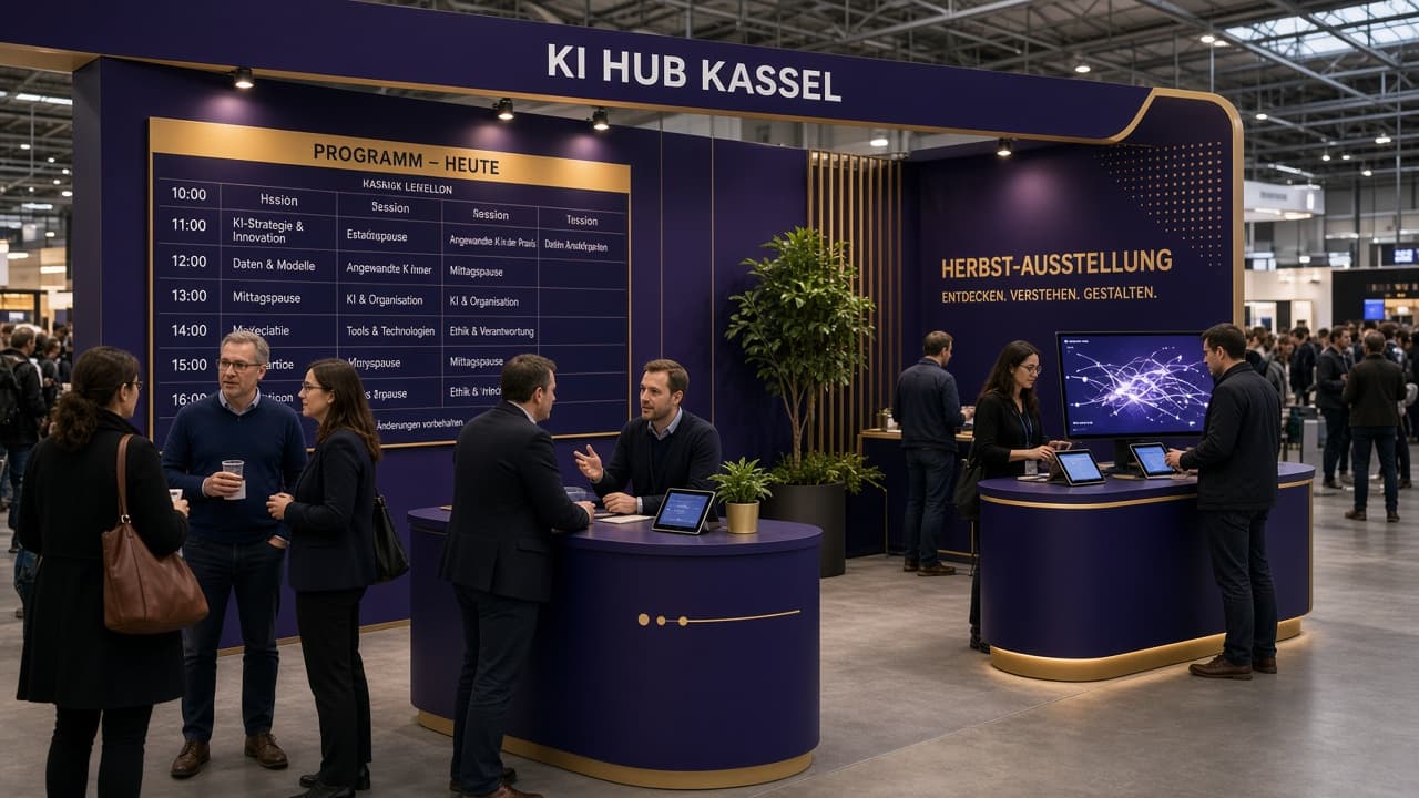 Standgrafik: Tagesprogramm des KI Hub Kassel auf der Herbst-Ausstellung