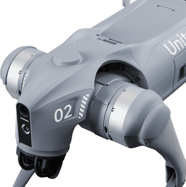Hellgrauer Unitree-Robot-Hund mit der Nummer 02, schräg von vorn.